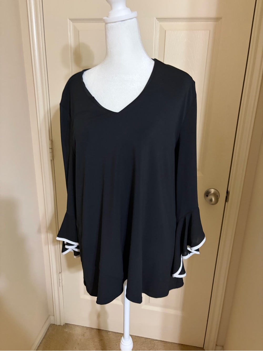 Investments Black V-Neck Bell Sleeve Top with White Trim